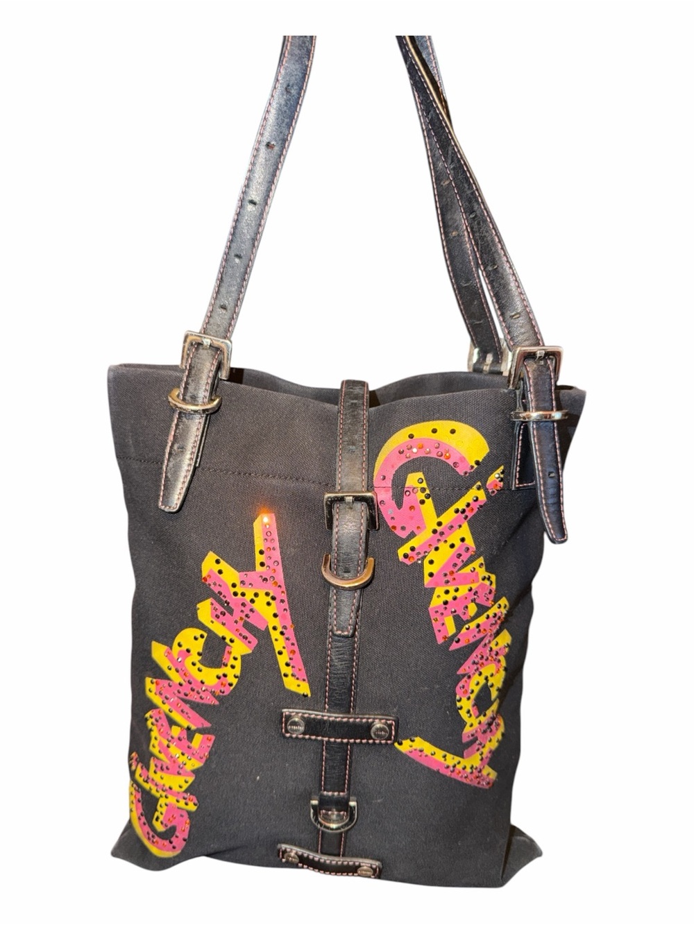 Givenchy Vintage Rhinestone Graffiti Logo Buckle Tote Bag Black Canvas